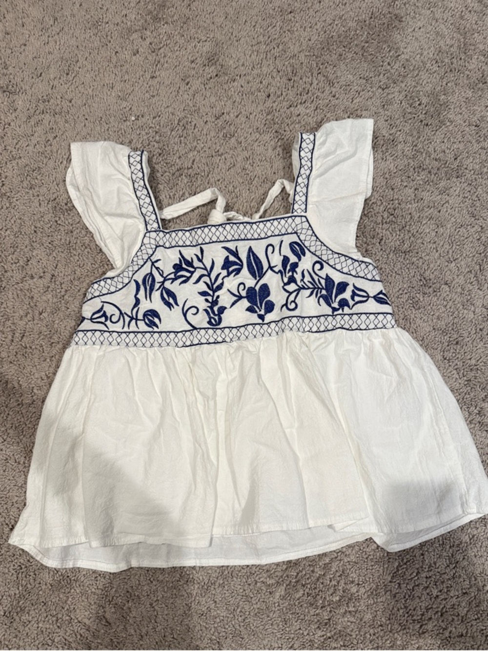 Women’s Size Medium White Peplum Top with Navy Floral Embroidery